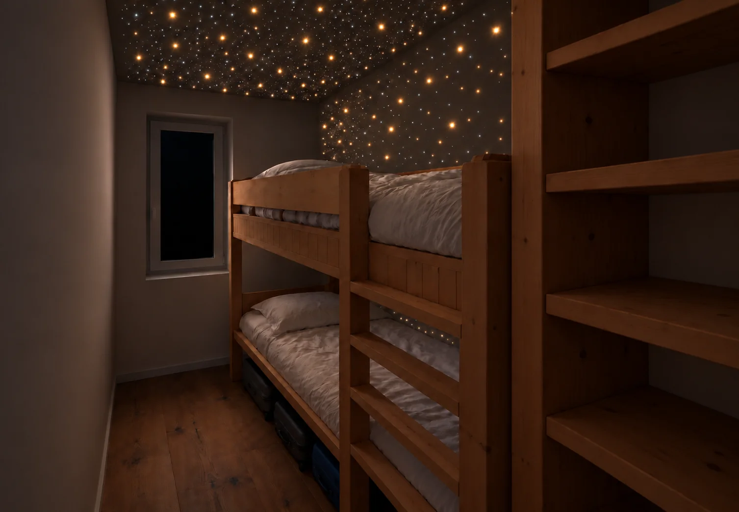 L’espace nuit étoilé des enfants à LAO : lits superposés en bois clair, étagères ouvertes et fibres optiques au plafond et sur le mur de droite